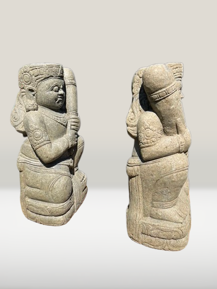 Stone Dvarapala Guardian Sculpture Pair 32"
