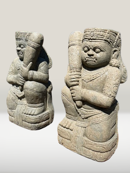 Stone Dvarapala Guardian Sculpture Pair 32"