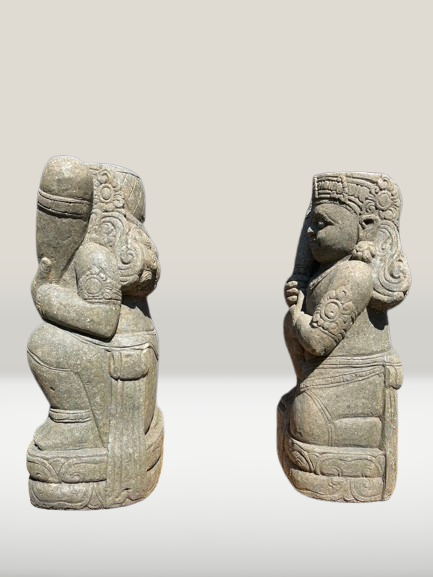 Stone Dvarapala Guardian Sculpture Pair 32"
