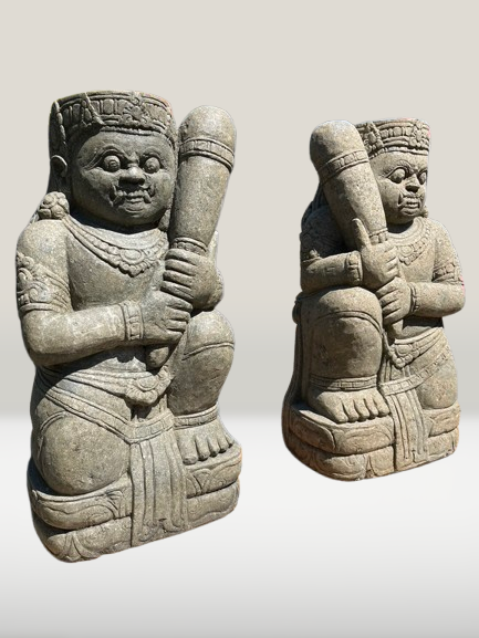 Stone Dvarapala Guardian Sculpture Pair 32"