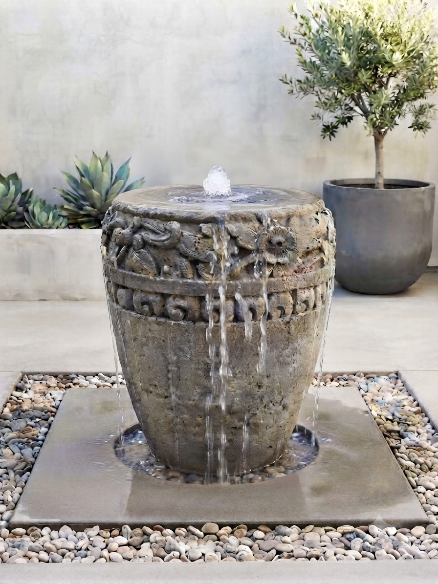A round stone fountain with carved floral details and a small pool of water at the top, set outdoors on a square stone base surrounded by small pebbles. A potted tree and succulents are visible in the background against a light stucco wall.