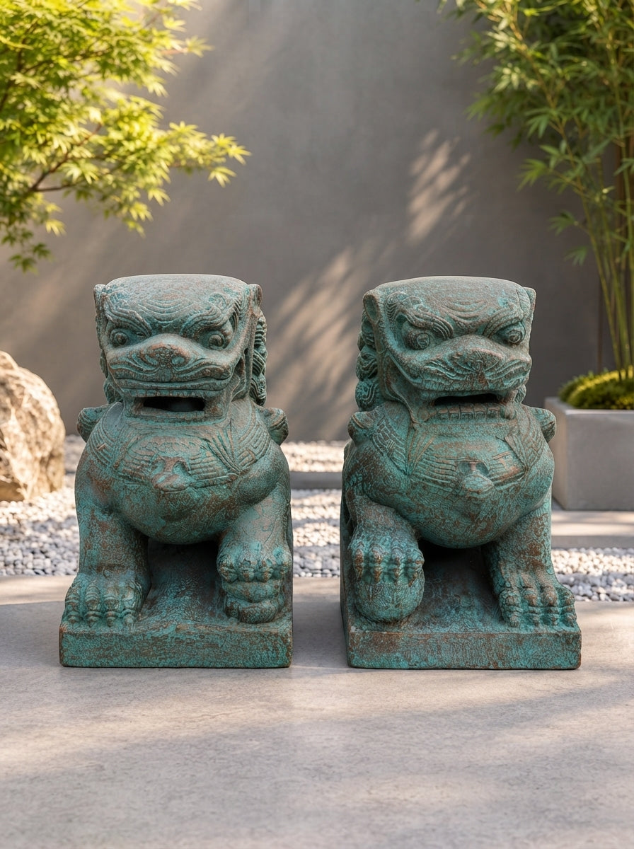 Lion Foo Dog Guardian Statue Pair 16"