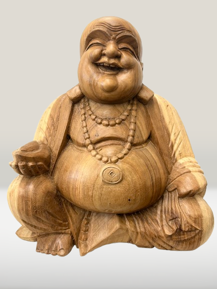 Wood Sitting Hotei Buddha Statue Hand Carved 20"
