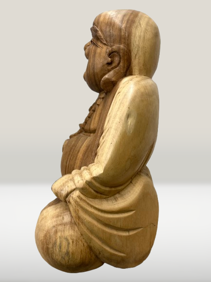 Wood Sitting Hotei Buddha Statue Hand Carved 20"