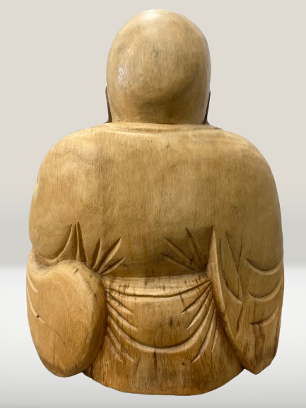 Wood Sitting Hotei Buddha Statue Hand Carved 20"