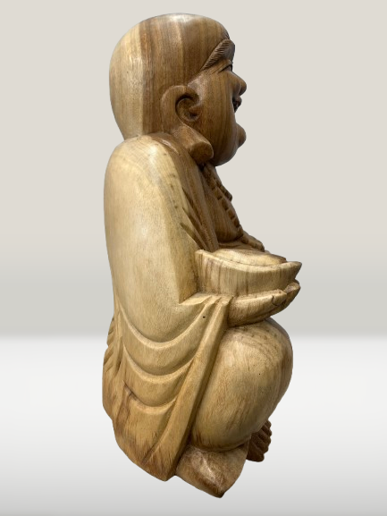 Wood Sitting Hotei Buddha Statue Hand Carved 20"