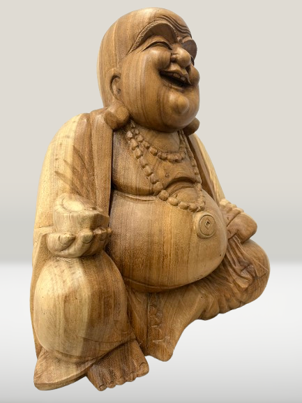 Wood Sitting Hotei Buddha Statue Hand Carved 20"