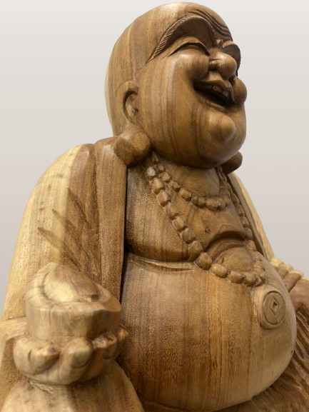 Wood Sitting Hotei Buddha Statue Hand Carved 20"
