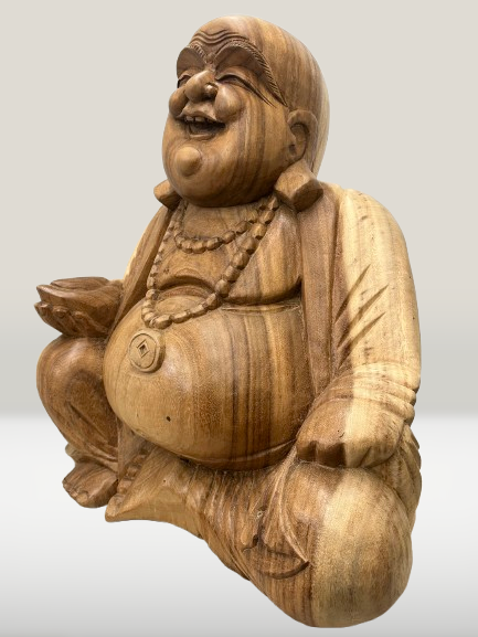 Wood Sitting Hotei Buddha Statue Hand Carved 20"
