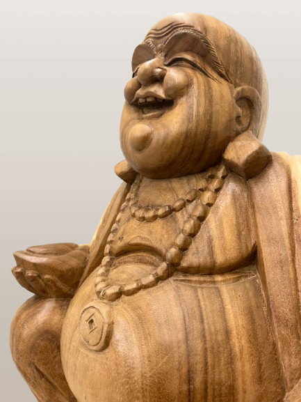 Wood Sitting Hotei Buddha Statue Hand Carved 20"