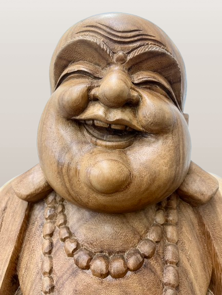 Wood Sitting Hotei Buddha Statue Hand Carved 20"