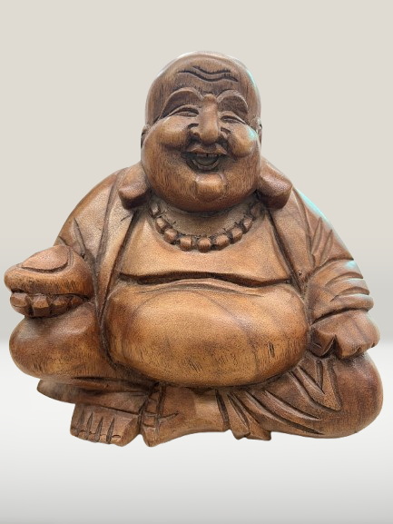 Wood Hotei Happy Buddha of Wealth Statue 7.5"