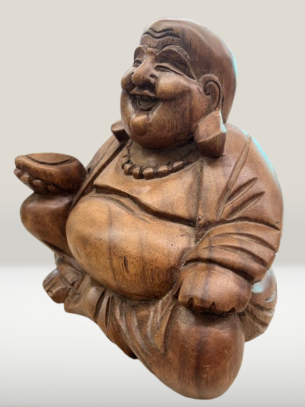 Wood Hotei Happy Buddha of Wealth Statue 7.5"