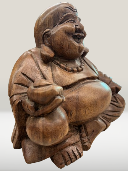 Wood Hotei Happy Buddha of Wealth Statue 7.5"