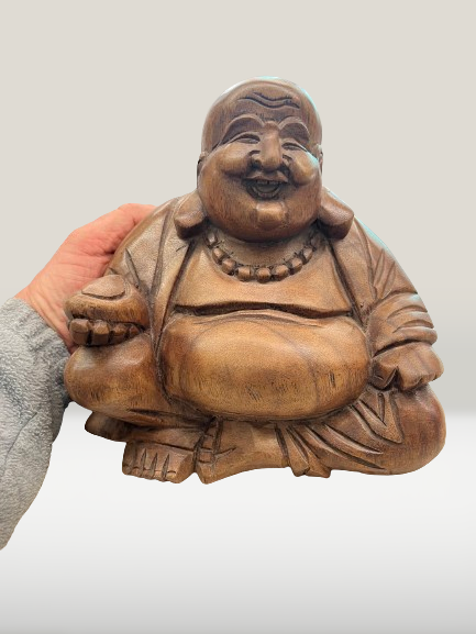 Wood Hotei Happy Buddha of Wealth Statue 7.5"