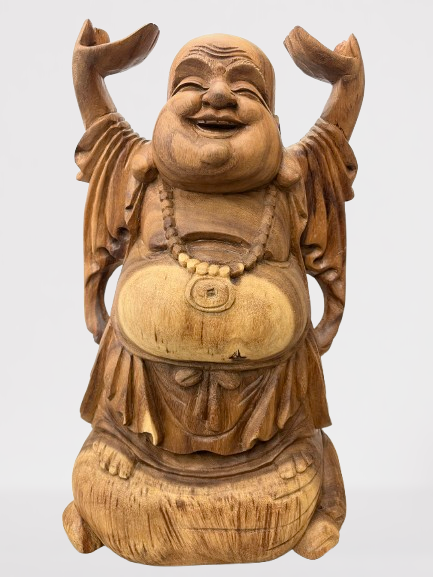 Wood Standing Happy Buddha Statue with Hands Up 19"