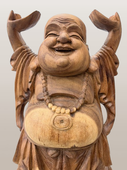 Wood Standing Happy Buddha Statue with Hands Up 19"