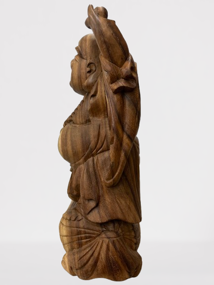 Wood Standing Happy Buddha Statue with Hands Up 19"