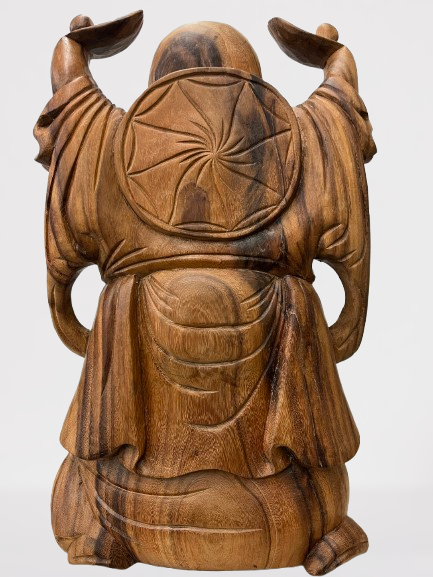 Wood Standing Happy Buddha Statue with Hands Up 19"