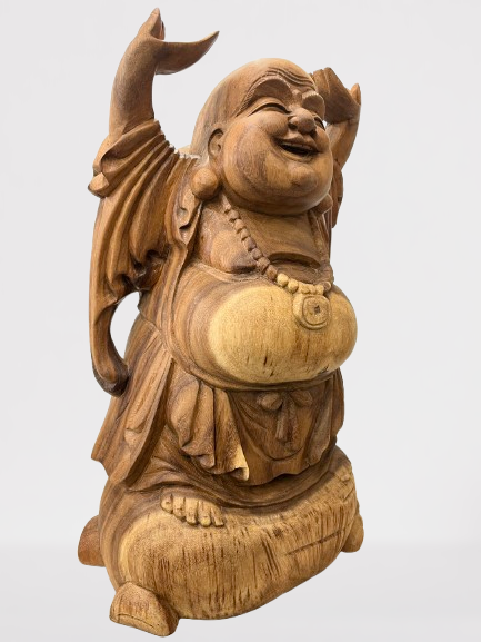 Wood Standing Happy Buddha Statue with Hands Up 19"