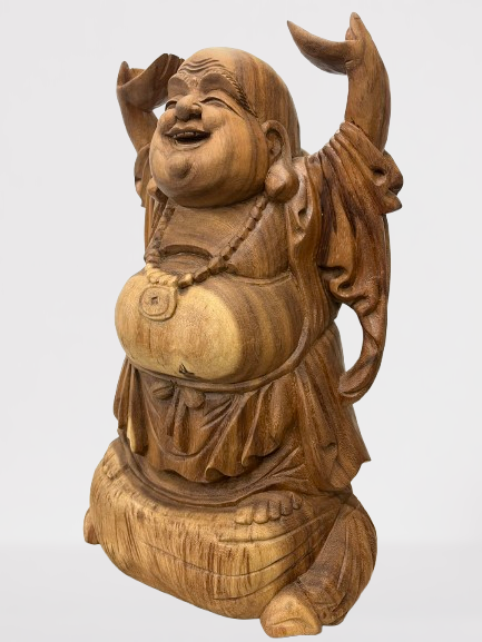 Wood Standing Happy Buddha Statue with Hands Up 19"