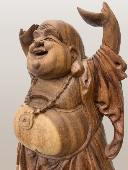 Wood Standing Happy Buddha Statue with Hands Up 19"
