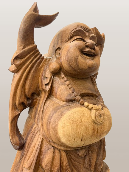 Wood Standing Happy Buddha Statue with Hands Up 19"