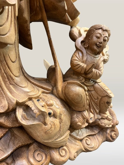 Hand Carved Wood Quan Yin with Ruyi Scepter 44"