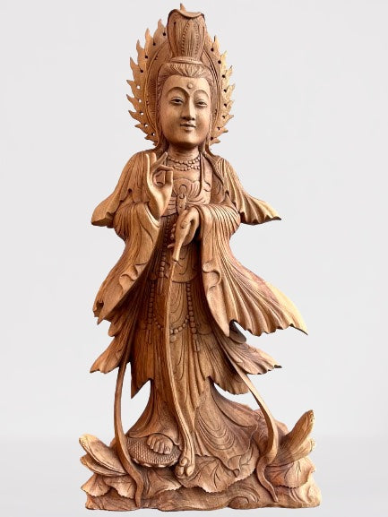 Wood Quan Yin with Pouring Vase Statue 33" - Routes Gallery