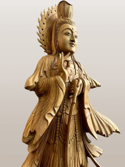 Wood Quan Yin with Pouring Vase Statue 33" - Routes Gallery