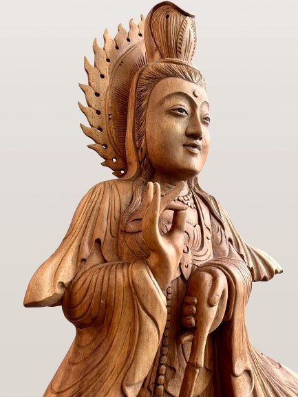 Wood Quan Yin with Pouring Vase Statue 33" - Routes Gallery