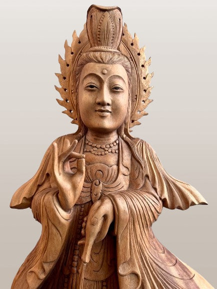 Wood Quan Yin with Pouring Vase Statue 33" - Routes Gallery