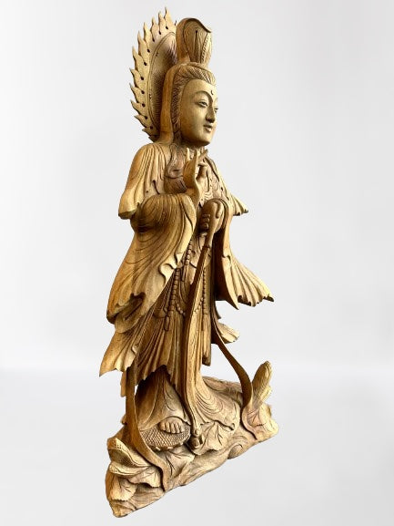 Wood Quan Yin with Pouring Vase Statue 33" - Routes Gallery