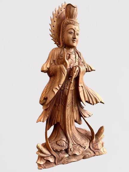 Wood Quan Yin with Pouring Vase Statue 33" - Routes Gallery