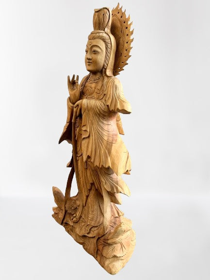 Wood Quan Yin with Pouring Vase Statue 33" - Routes Gallery