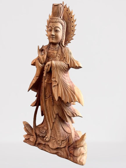 Wood Quan Yin with Pouring Vase Statue 33" - Routes Gallery