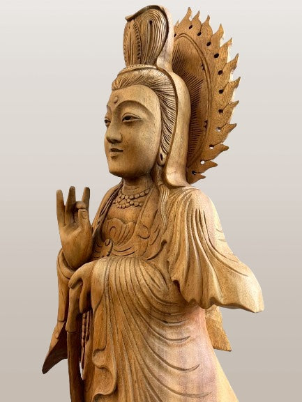 Wood Quan Yin with Pouring Vase Statue 33" - Routes Gallery