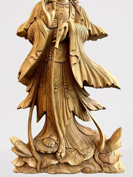 Wood Quan Yin with Pouring Vase Statue 33" - Routes Gallery