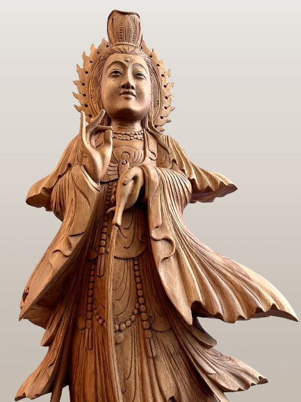 Wood Quan Yin with Pouring Vase Statue 33" - Routes Gallery
