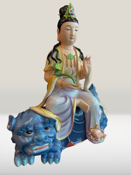 Porcelain Seated Quan Yin on Lion 11"