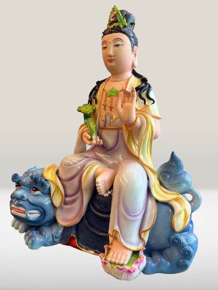 Porcelain Seated Quan Yin on Lion 11"