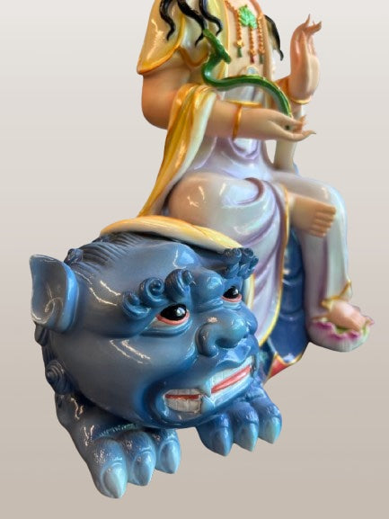 Porcelain Seated Quan Yin on Lion 11"