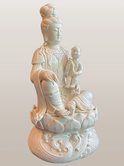 Porcelain Quan Yin Statue Holding Baby 16"