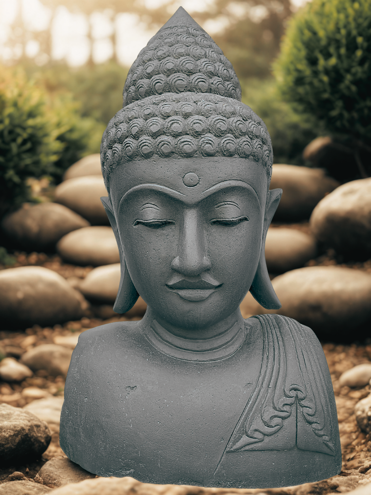 Stone Buddha Bust Garden Statue 39"