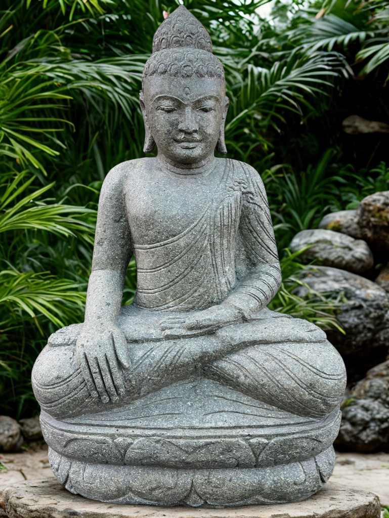 Stone statue of a seated Buddha in a garden setting with greenery and rocks.