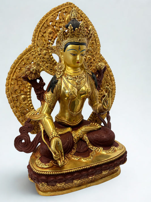 White Tara brass statue 12 inch seated lotus posture ornate lotus halo gold finish detailed crown robes jewelry seven eyes Buddhist goddess compassion healing wisdom sacred altar decor meditation yoga mindfulness spiritual home decor