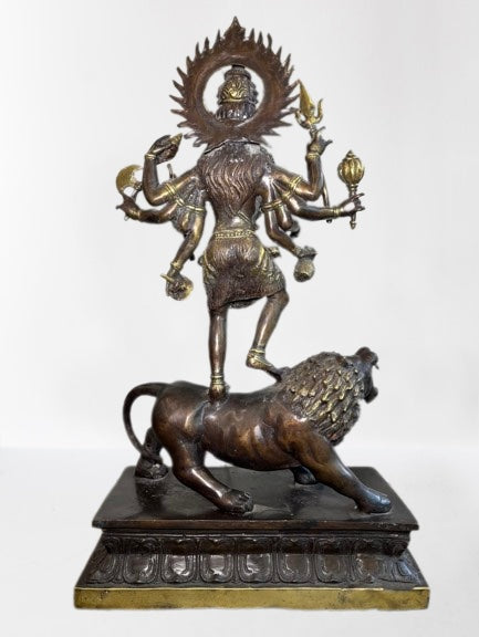 Brass Kali Standing on Lion Statue 21.5"