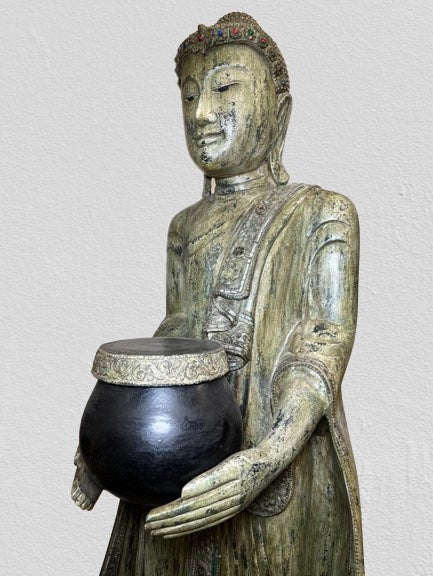Wood Standing Buddha with Offering Bowl 69"