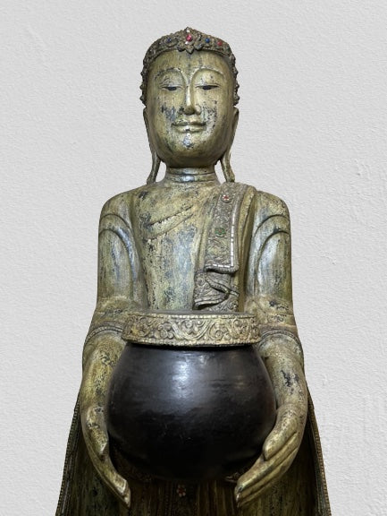 Wood Standing Buddha with Offering Bowl 69"
