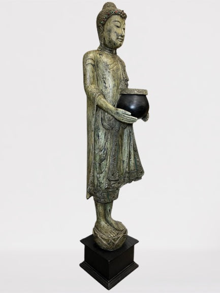 Wood Standing Buddha with Offering Bowl 69"